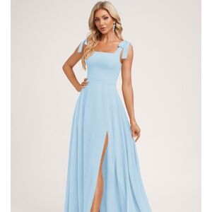 JJ’s House Sky BlueA-line Square Floor-Length Chiffon Bridesmaid Dress With Bow